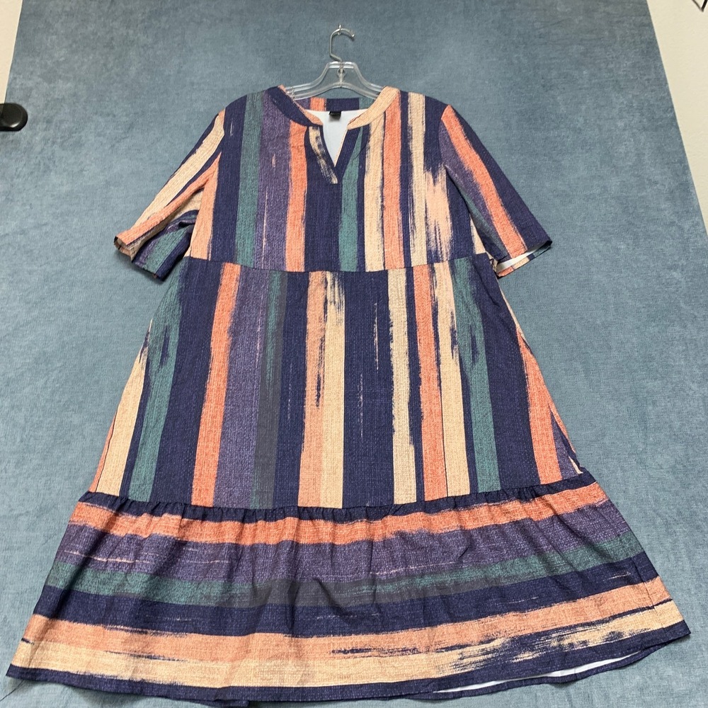 Emery Rose A-Line Dress Womens L Multicolor Striped Tiered Hem V-Neck Boho Chic